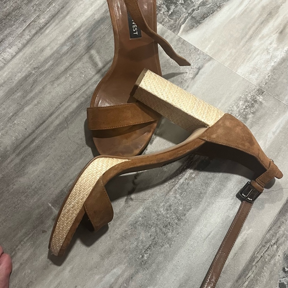 Nine West Tan Suede Block Heel Sandals